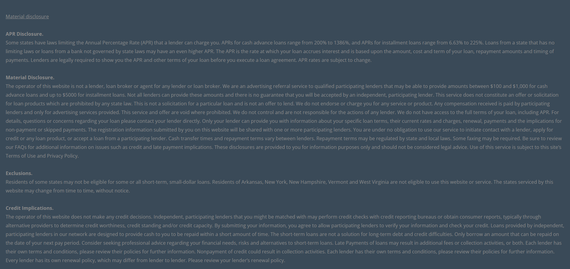 Material disclosure for payday loans in Jacksonville Florida